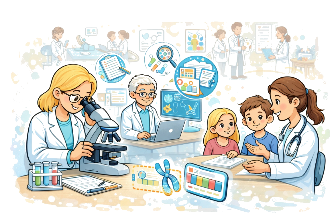 Illustratie van zorgverleners, onderzoek en gezin rondom KdVS